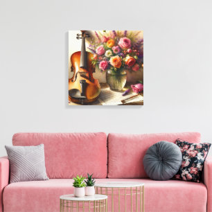 Violin, Sheet Music and a Vase of Flowers Canvas Print