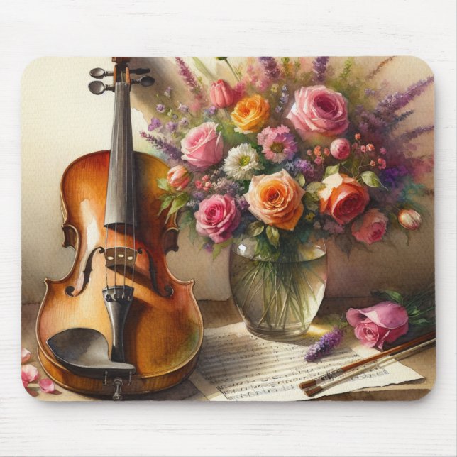 Violin, Sheet Music and a Vase of Flowers  Mouse Pad (Front)