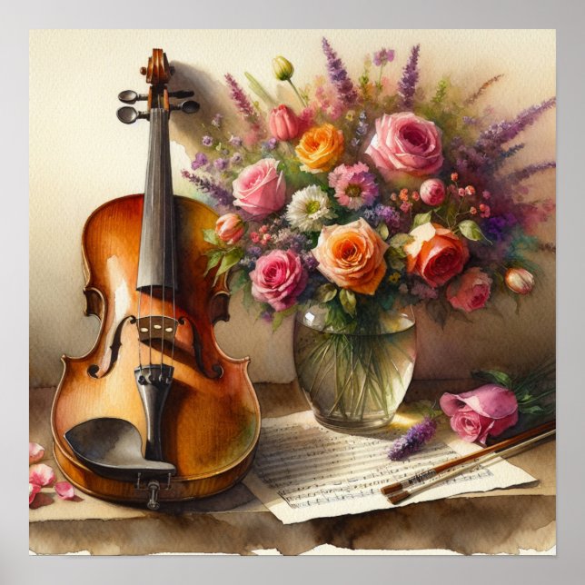 Violin, Sheet Music and a Vase of Flowers  Poster (Front)