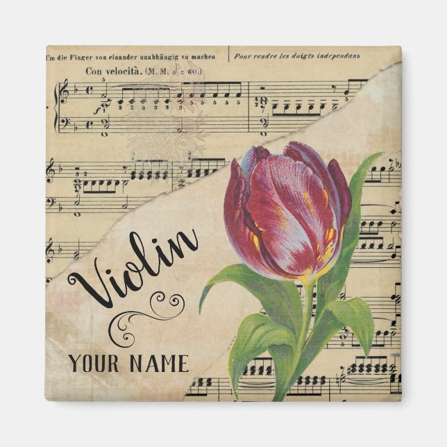 Violin Tulip Vintage Sheet Music Customised Magnet (Front)
