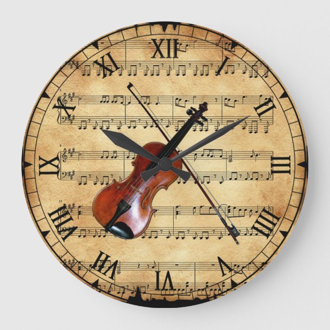 Violin ~ Vintage Sheet Music Background ~ Unique ~ Large Clock (Front)