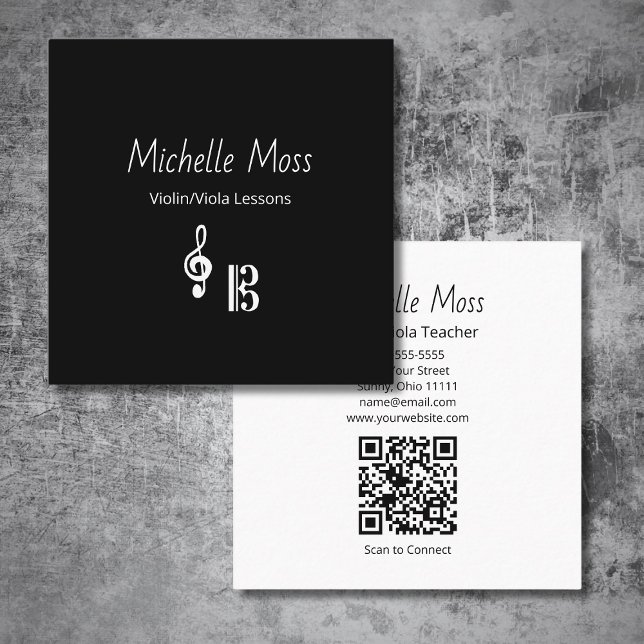 Violin Viola Music Lessons QR code Black White  Square Business Card (Creator Uploaded)