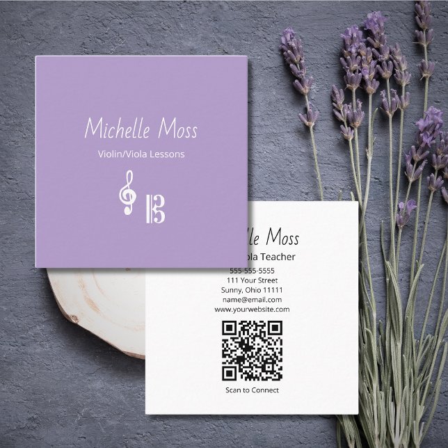Violin Viola Music Lessons QR code Purple   Square Business Card (Creator Uploaded)