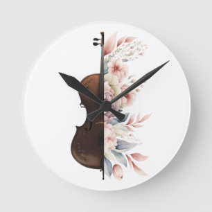 Violin with flowers. round clock