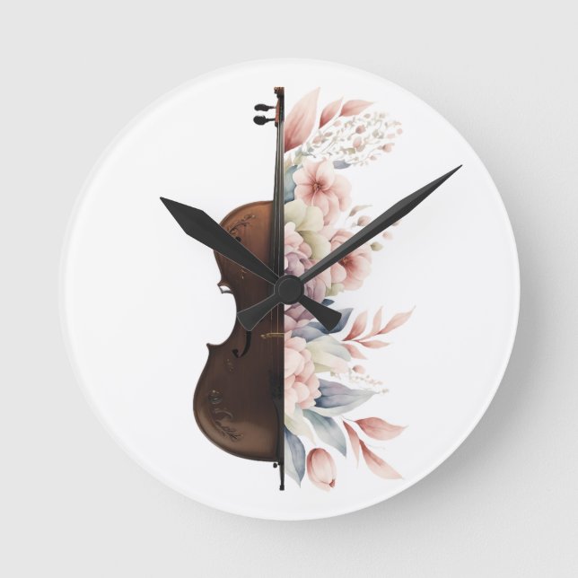 Violin with flowers. round clock (Front)