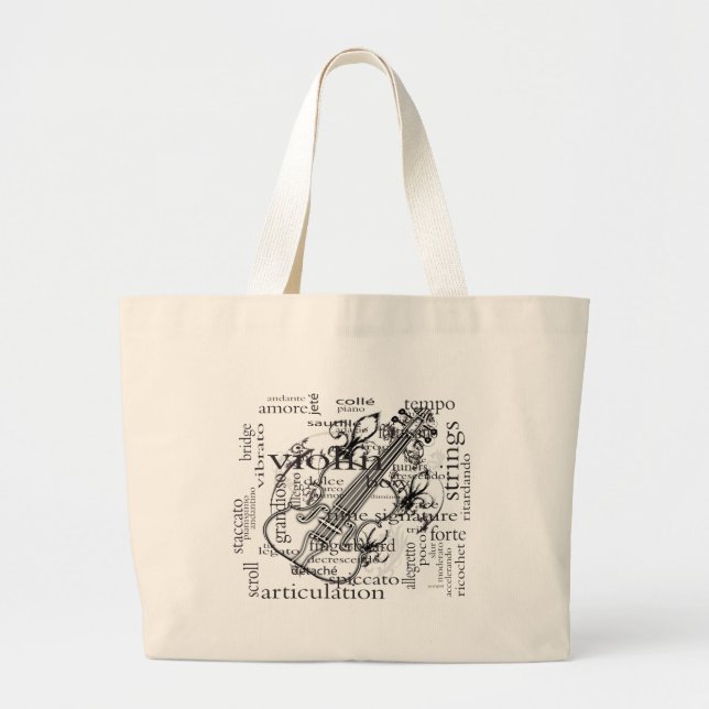 violin with word cloud large tote bag (Front)