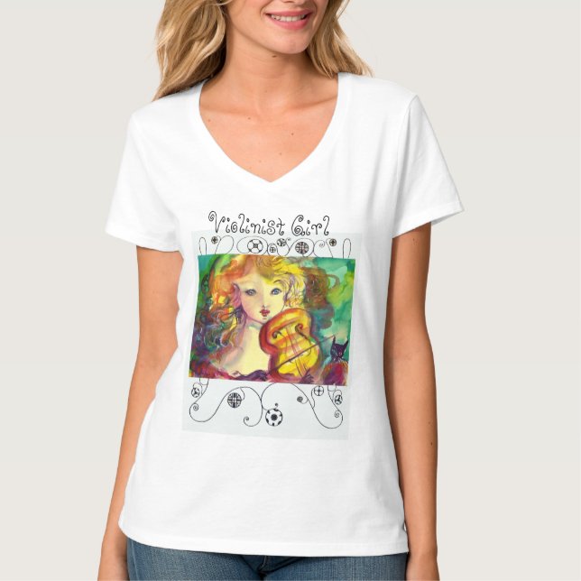 VIOLINIST GIRL ,VIOLIN  AND CAT Geometric Swirls T-Shirt (Front)