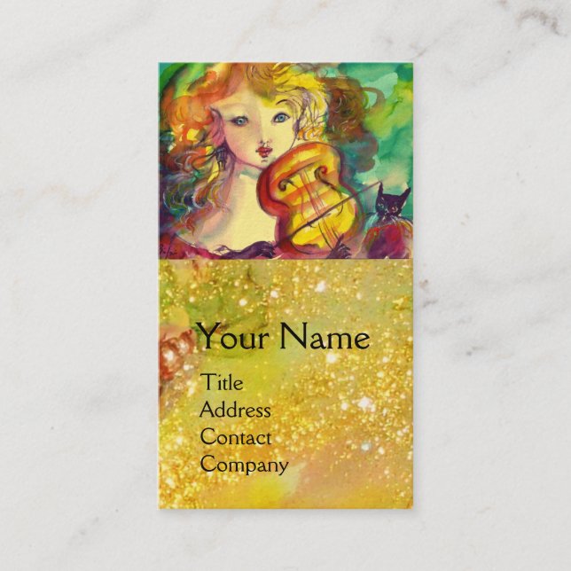 VIOLINIST GIRL VIOLIN AND CAT/GOLD YELLOW MONOGRAM BUSINESS CARD (Front)