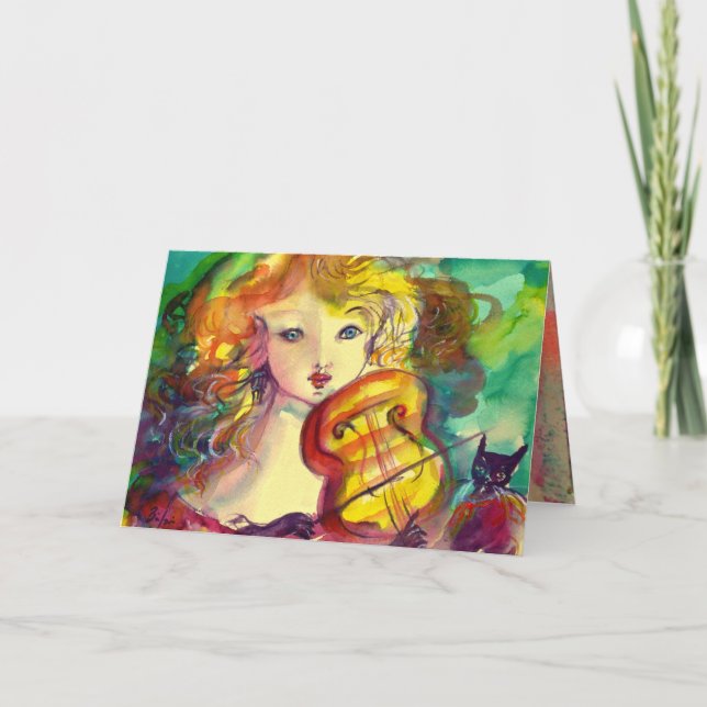 VIOLINIST GIRL ,VIOLIN  AND CAT Happy Birthday Card (Front)