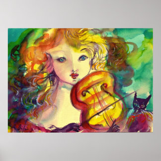 VIOLINIST GIRL ,VIOLIN AND CAT POSTER