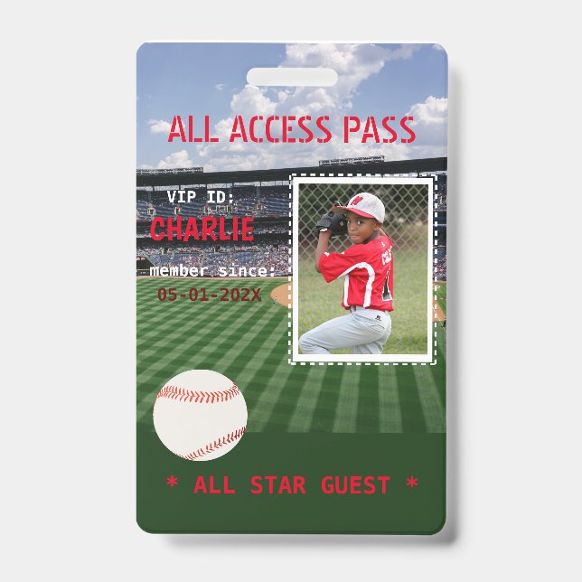 VIP Access Baseball Field Birthday Party Badge ID Badge (Front)