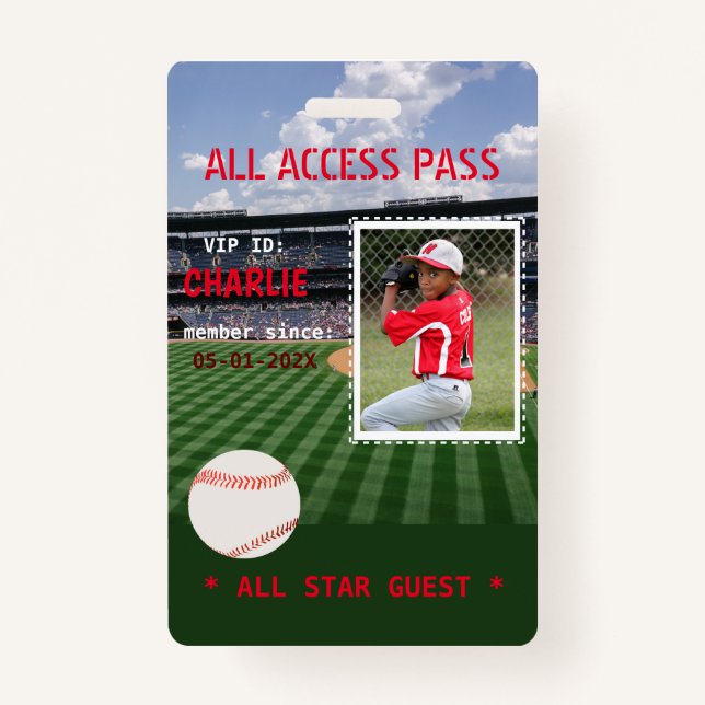 VIP Access Baseball Field Birthday Party Badge ID Badge (Front)