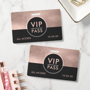 VIP All Access Event Metallic Rose Gold Glitter ID Badge