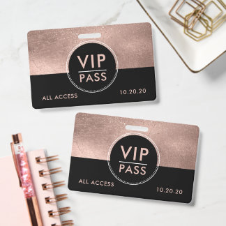 VIP All Access Event Metallic Rose Gold Glitter ID Badge