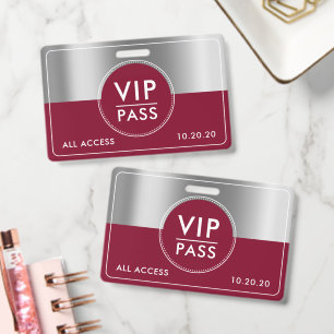 VIP All Access Event Metallic Silver Burgundy ID Badge