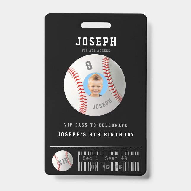 VIP Baseball Pass Custom Photo Birthday Party ID Badge (Front)