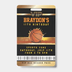 VIP Basketball Birthday ALL ACCESS Gold Pass Badge ID Badge
