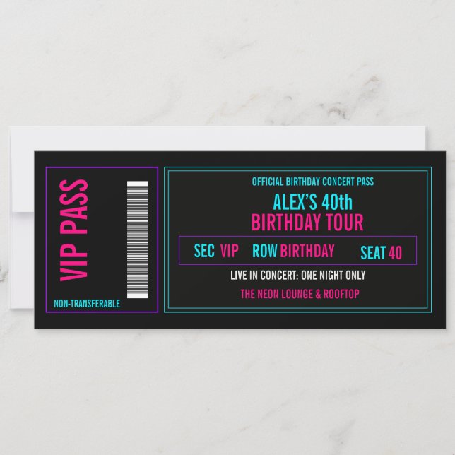 VIP Birthday Concert Ticket Invitation | Neon  (Front)