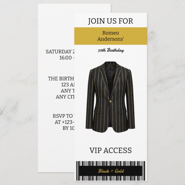 VIP Black Gold Suit 30th Birthday Invitation (Front/Back)