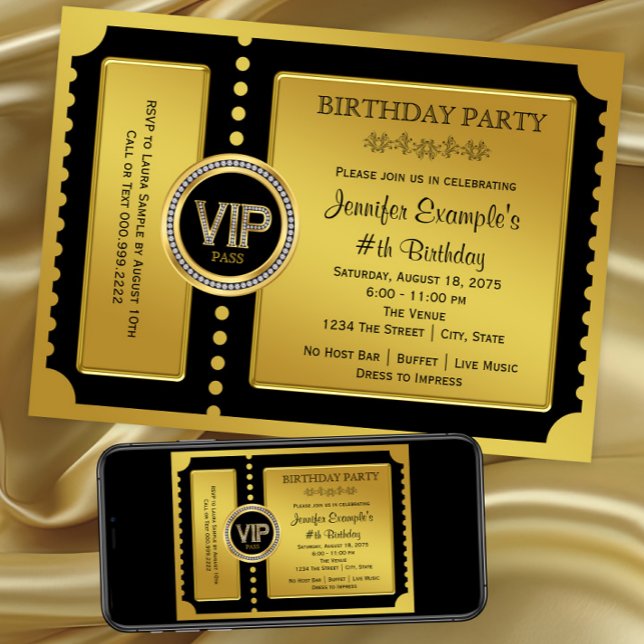 VIP Golden Ticket Birthday Party Invitation (Black gold VIP ticket invitation for any number birthday or event. Digital and printed.)