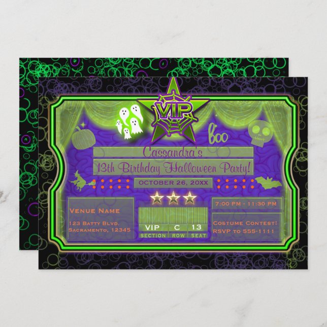 VIP Halloween Green & Purple Glow Birthday Party Invitation (Front/Back)