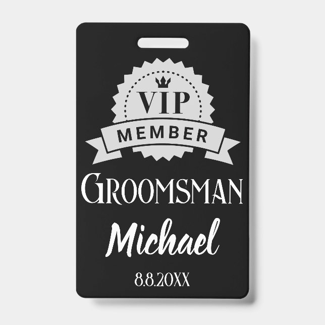 vip member groomsman personalised wedding black ID badge (Front)