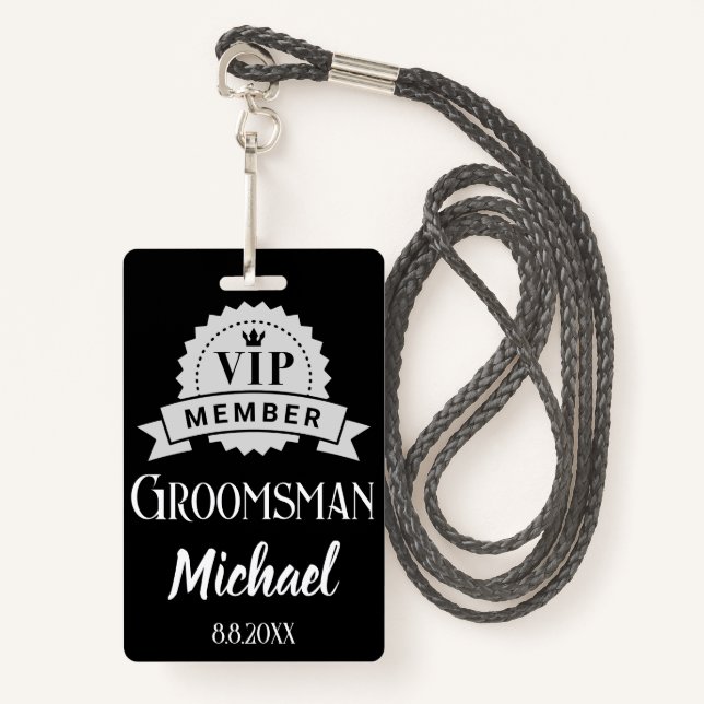 vip member groomsman personalised wedding black ID badge (Front with Lanyard)
