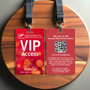 VIP Pass Badge   Custom Red Bokeh QR Code & Logo ID Badge