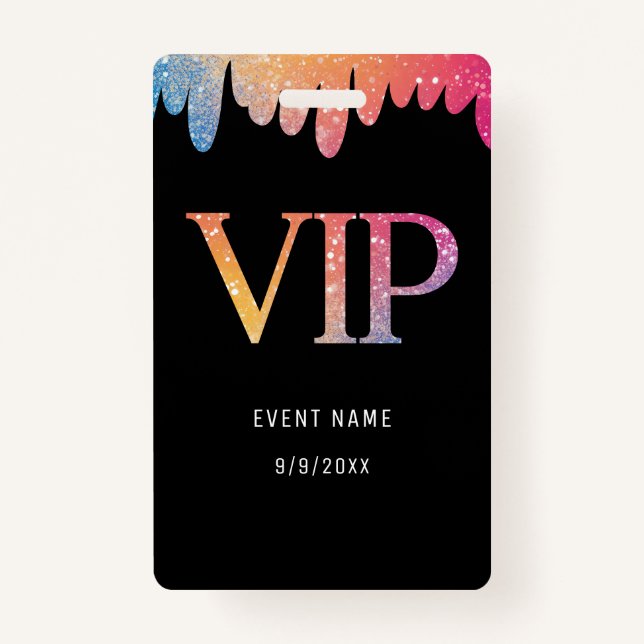 VIP Pass Black Modern Glitter ID Badge (Front)