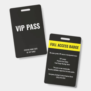 VIP Pass Full Access Music Festival Black ID Badge