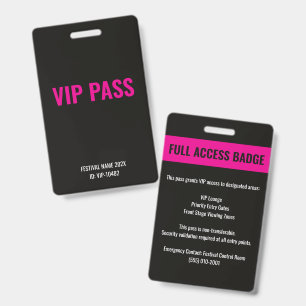 VIP Pass Full Access Music Festival Pink Black ID Badge