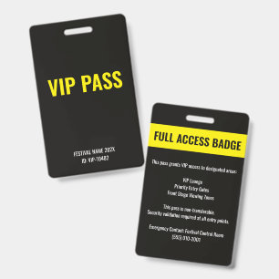 VIP Pass Full Access Music Festival Yellow Black ID Badge