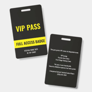 VIP Pass Full Access Music Festival Yellow ID Badge