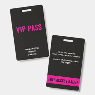 VIP Pass Full Access Pink Music Festival ID Badge