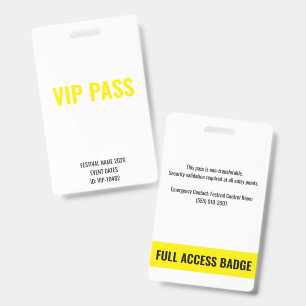 VIP Pass Full Access White Yellow Music Festival ID Badge