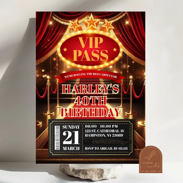 VIP Pass Glamour Premiere Hollywood Adult Birthday Invitation (Creator Uploaded)