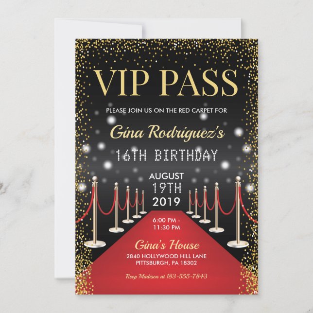 VIP Pass Hollywood Red Carpet Birthday Invitation (Front)