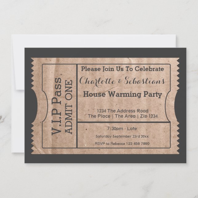 VIP Pass House Warming Cardboard Themed Ticket Invitation (Front)