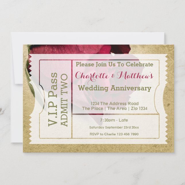 VIP Pass Party Admission Ticket Red Rose Invitation (Front)