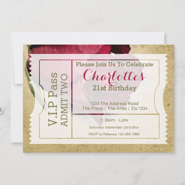 VIP Pass Party Admission Ticket Red Rose Invitation (Front)