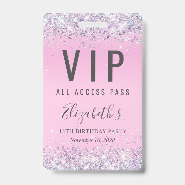VIP Pass Pink Glitter Birthday Party ID Badge (Front)
