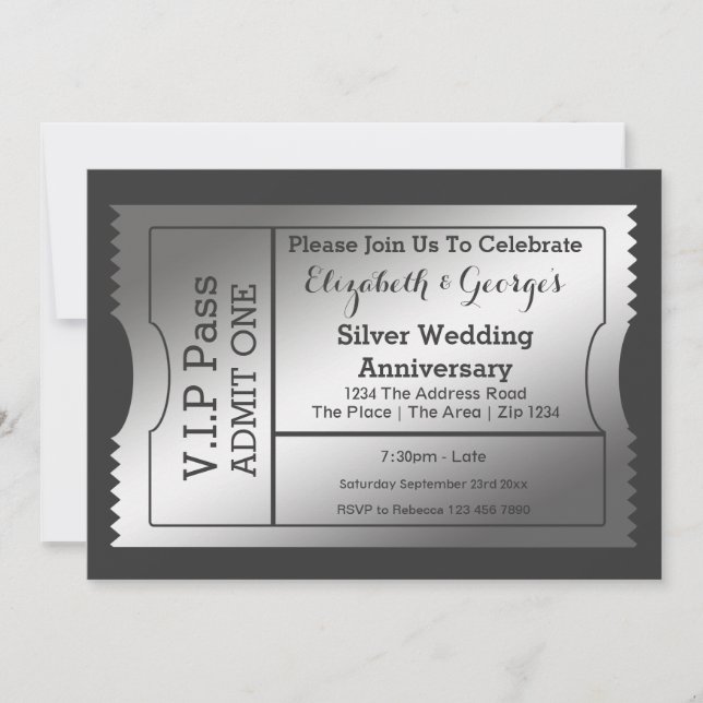 VIP Pass Silver Wedding Anniversary Ticket Invitation (Front)