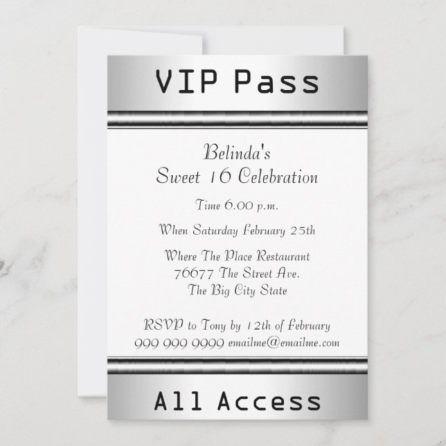 VIP pass Sweet 16 Birthday Party White Invitation (Front)