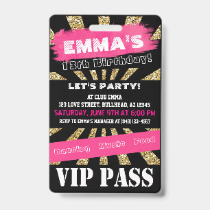 VIP Pink & Gold Any Event Pass Custom Wording ID Badge
