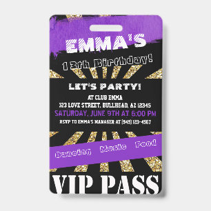 VIP Purple & Gold Any Event Pass Birthday Invite ID Badge