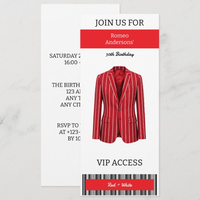 VIP Red White Suit 30th Birthday Invitation (Front/Back)