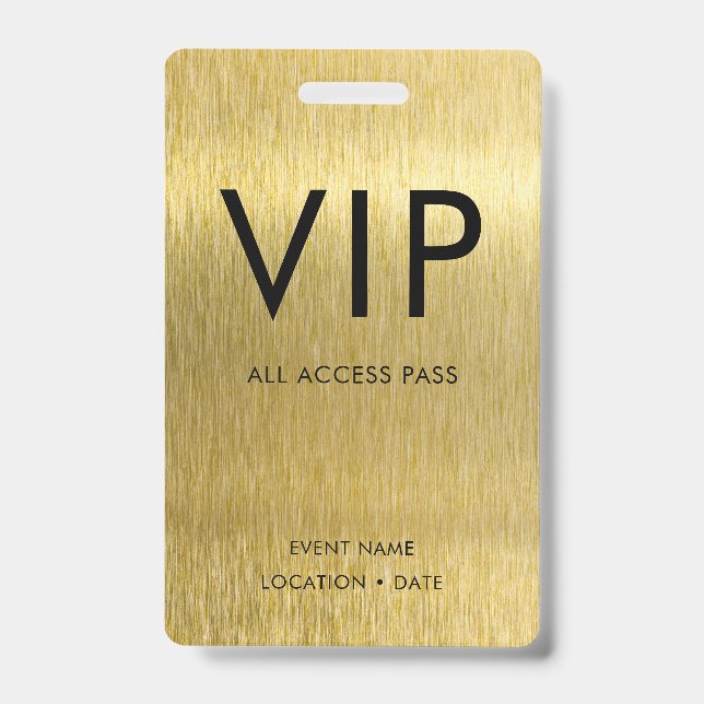 VIP Simple Font on Brushed Gold Metallic ID Badge (Front)