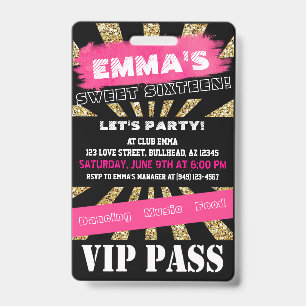 VIP Sweet 16 or Any Event Pass Custom Wording ID Badge