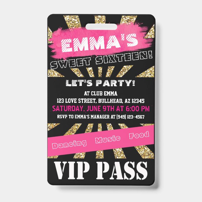 VIP Sweet 16 or Any Event Pass Custom Wording ID Badge (Front)
