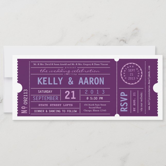 VIP Ticket Wedding Invitation in Plum (Front)